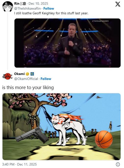 Okami official Twitter response showing the character next to a gun and basketball during The Game Awards