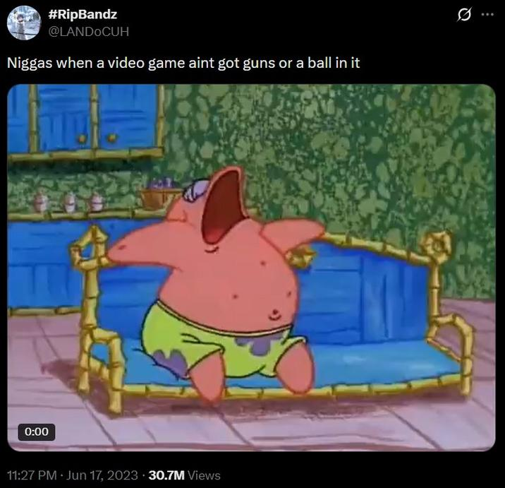 Original tweet by @LANDoCUH showing Patrick Star with text about video games without guns or balls